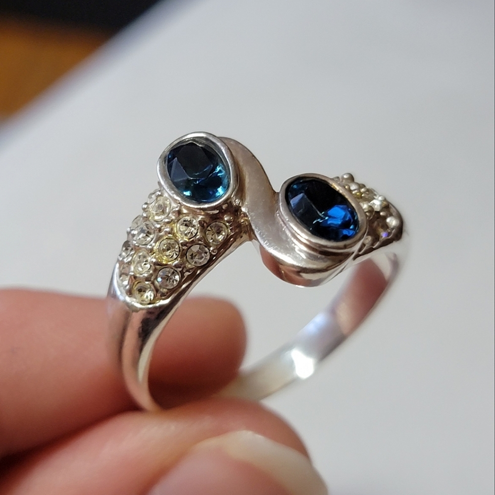 Vintage Silver Tone Faux Diamond and Sapphire Bypass RingSize 12.5 - Picture 6 of 10